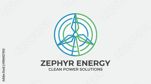Circular line art logo with green and blue windmill energy solution modern clean design for eco-friendly power company
