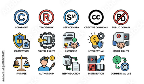 Icons representing copyright, trademark, licensing, and intellectual property concepts