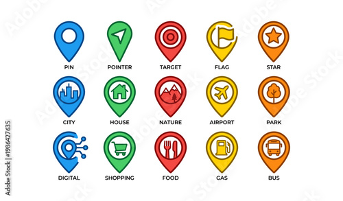 Colorful map icons set representing various locations and services