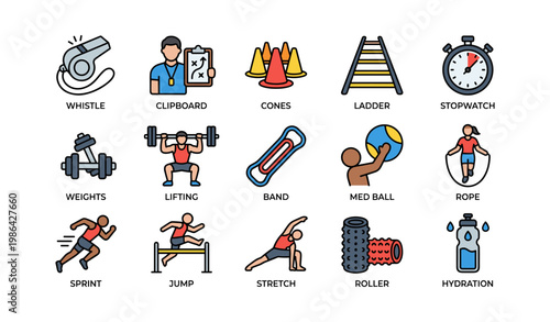 Fitness icons: whistle, stopwatch, ladder, weights, hydration, stretching, exercise equipment
