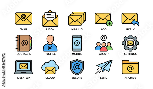 Email and communication icons set featuring mail, contacts, and settings