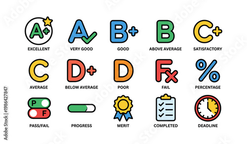 Colorful grade symbols and icons representing performance and progress evaluation