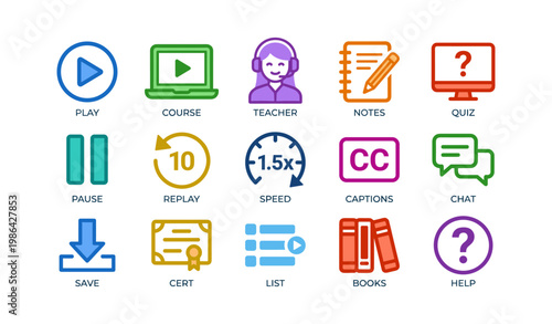 Interactive e-learning icons set for online education and digital learning tools