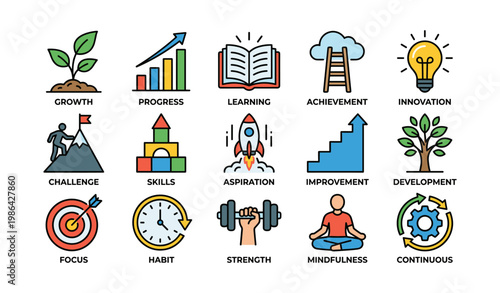 Icons representing growth, progress, learning, and development concepts