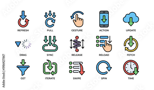 Colorful icons depicting technology actions and operations