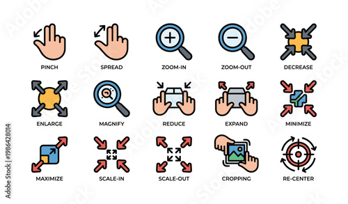 Colorful icon set of touch gestures and actions for user interface design