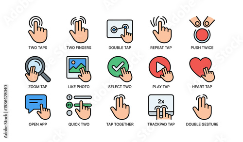 Illustrated multi-gesture touch icons for devices: tap, zoom, heart, select, double
