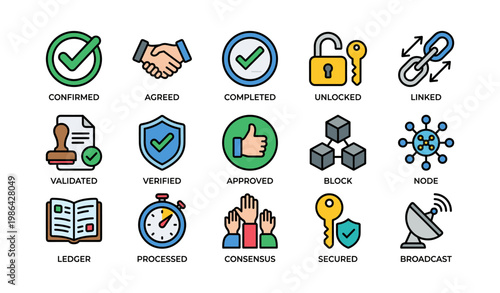 Blockchain symbols: confirmed, agreed, completed, unlocked, linked, validated, verified, approved