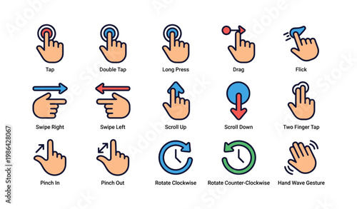 Set of hand gesture icons for touchscreen navigation actions