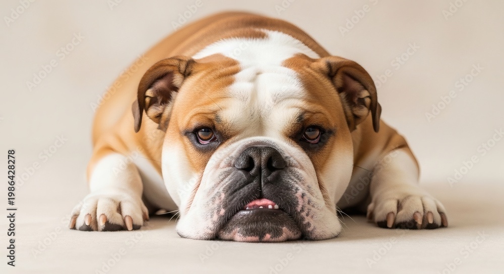 Fototapeta premium A brown and white bulldog lying on a beige surface with a sad expression