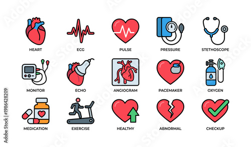 Medical icons collection featuring heart, ecg, stethoscope, and more