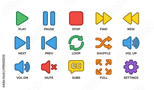 Colorful media playback control icons set with play, pause, stop, and more