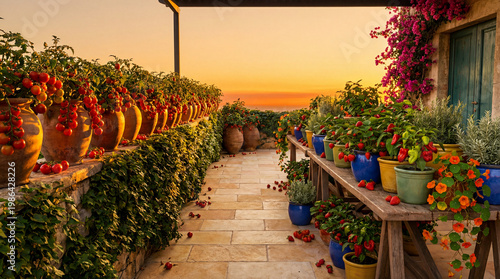 Sunrise garden path lined with colorful pots and trailing vines, warm amber light, trimmed hedges, wooden bench, therapeutic gardening