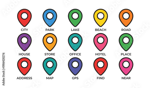 Colorful map pin icons for various locations and destinations