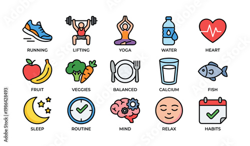 Illustrated icons of healthy living: fitness, nutrition, mindfulness, and wellness