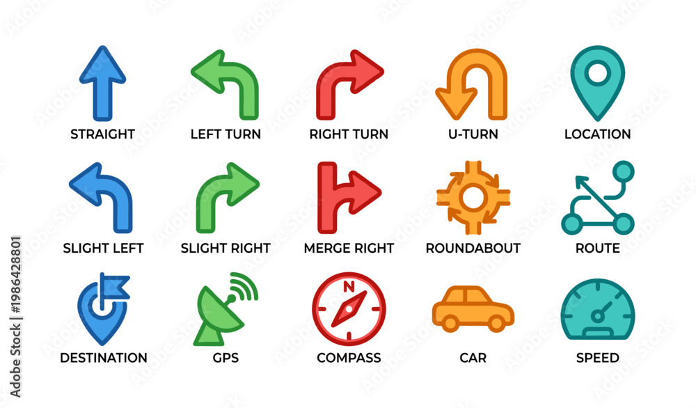 Fototapeta premium Colorful navigation icons: arrows, location, gps, and speedometer