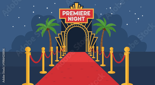 Hollywood Premiere Night Red Carpet Entrance with Palm Trees and Art Deco Arch