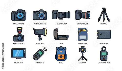 Camera equipment icons: lenses, tripods, flash, memory cards, accessories