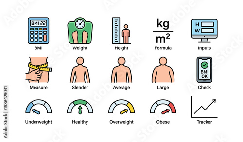 Bmi monitoring: weight, height, and fitness tracking icons
