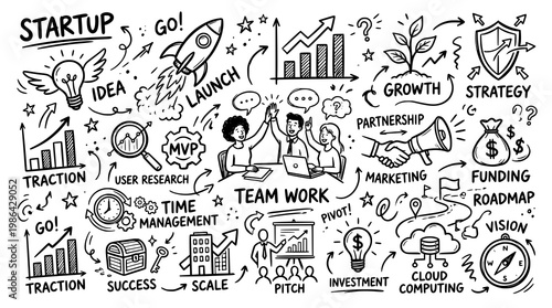 Set of Start Up doodles. hand drawn style. black and white line art drawing