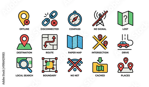 Colorful icons representing navigation and connectivity concepts