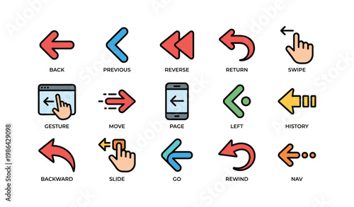 Colorful arrow icon set representing navigation and actions