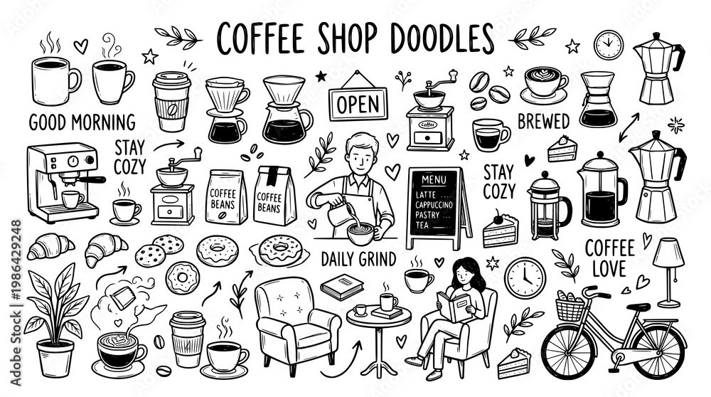 Naklejka premium Set of Coffee Shop doodles. hand drawn style. black and white line art drawing