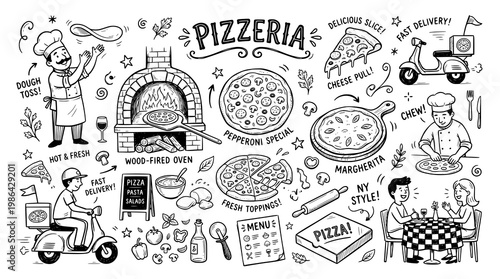Set of Pizza Restaurant doodles. hand drawn style. black and white line art drawing