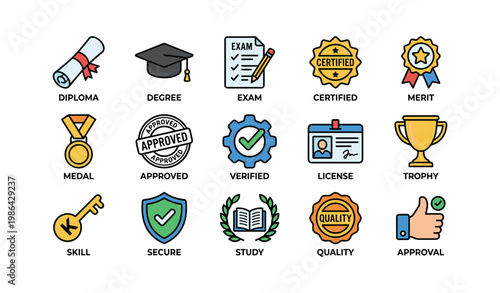 Colorful education and achievement icons including diploma, degree, exam, certified, merit