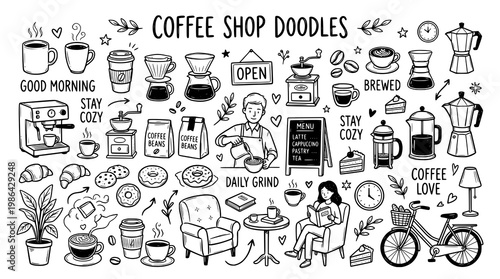 Set of Coffee Shop doodles. hand drawn style. black and white line art drawing