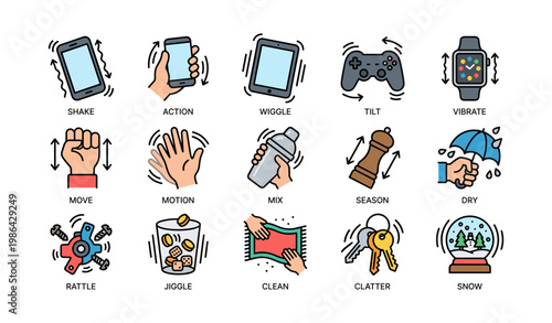Cartoon icons depicting various actions and movements including electronics and household objects