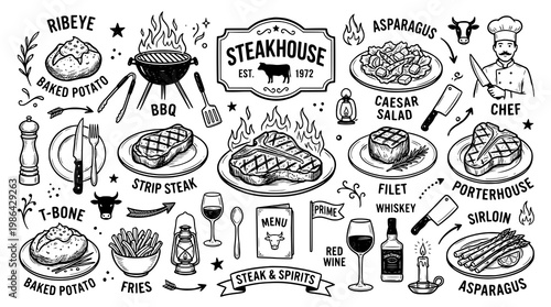 Set of Steakhouse Restaurant doodles. hand drawn style. black and white line art drawing
