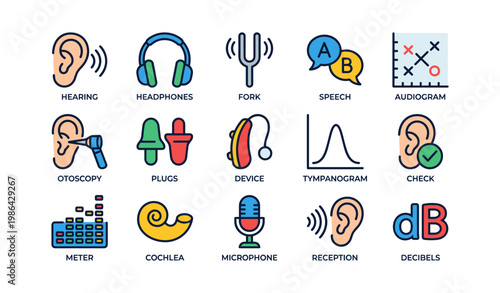 Hearing and audio tools: headphones, audiogram, cochlea, microphone icons