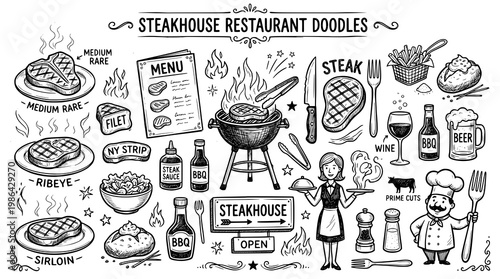 Set of Steakhouse Restaurant doodles. hand drawn style. black and white line art drawing