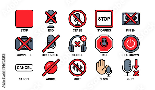 Set of stop and mute icons in red and black with microphones and headphones