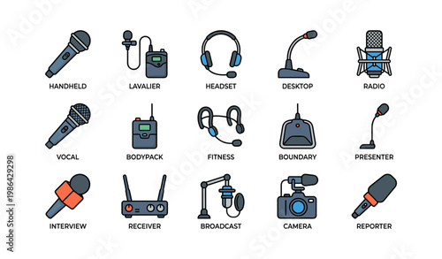 Diverse microphone and audio equipment icons for various professional uses