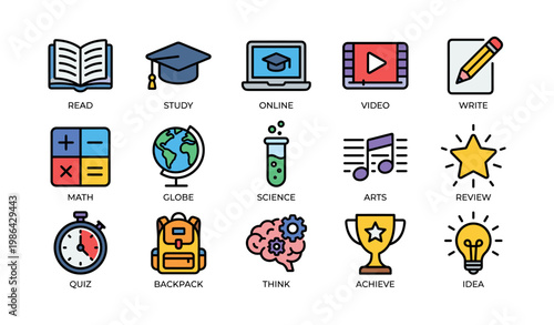 Educational icons: study, online learning, science, arts, achievement