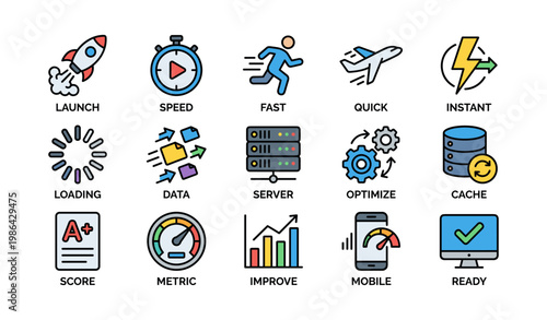 Icons of speed, data, and efficiency in technology and business