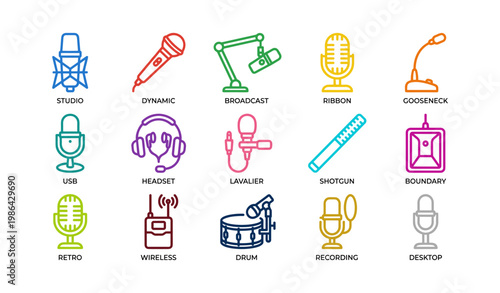 Colorful line art icons of various microphones and audio equipment