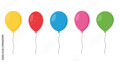 Five Colorful Balloons With Strings On White Background
