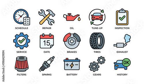 Car maintenance icons: schedule, repair, oil, tune-up, inspection, service, brakes, tires, battery