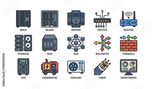 Network equipment icons: rack, blade, server, switch, router, storage, nas, san, balancer, firewall, ups, generator