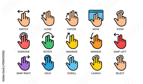 Colorful hand gesture icons for touchscreen and device interaction