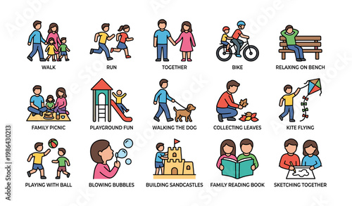 Illustrations of family activities including walking, biking, picnics, and creative play