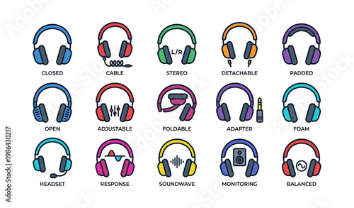 Colorful headphones collection: closed, cable, stereo, detachable, padded designs
