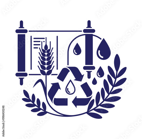 Eco friendly Jewish tradition symbol with recycling and water conservation elements and wheat