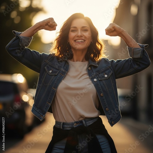 Cheerful Woman Flexing Muscles in Denim Jacket on Sunny Street
