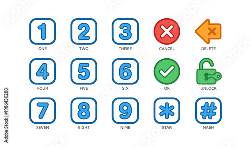 Colorful keypad design with numbers and function icons for digital interface