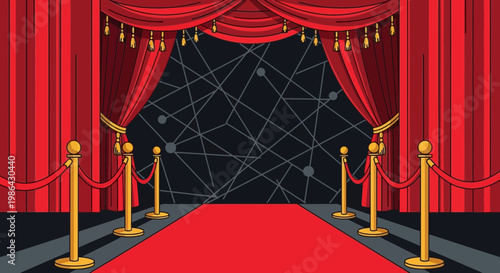 Red Carpet Event Stage with Abstract Network Background and Velvet Curtains