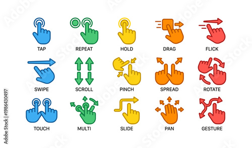 Colorful touch gesture icons for interactive mobile and touchscreen interfaces